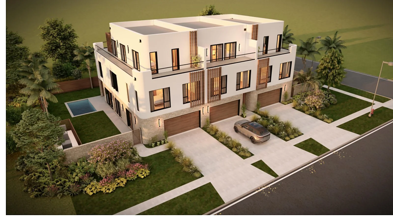 Aerial rendering of the three townhomes on their corner lot, showing private pools and yards