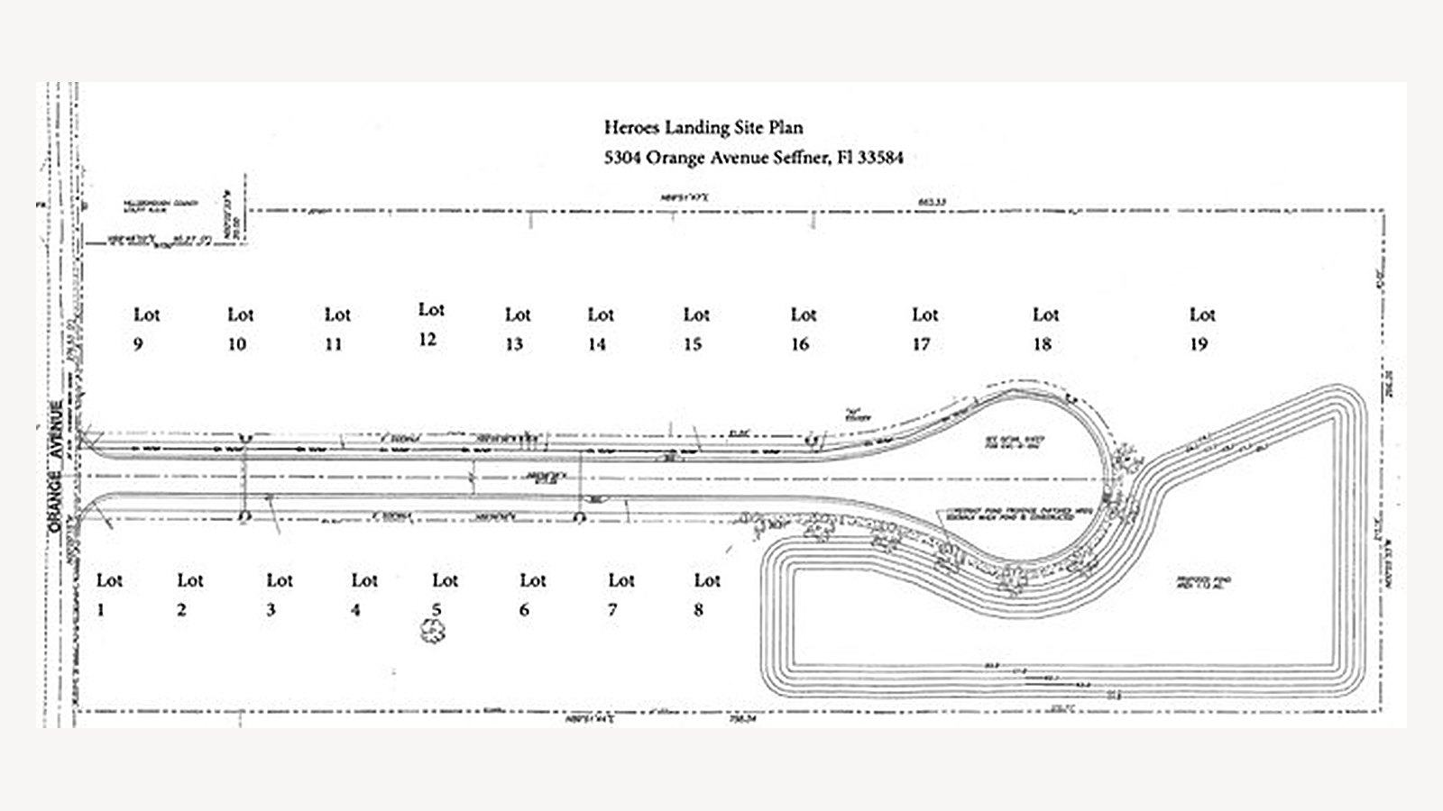 Heroes Landing site plan: 19 lots for 3D printed veterans homes along one loop street