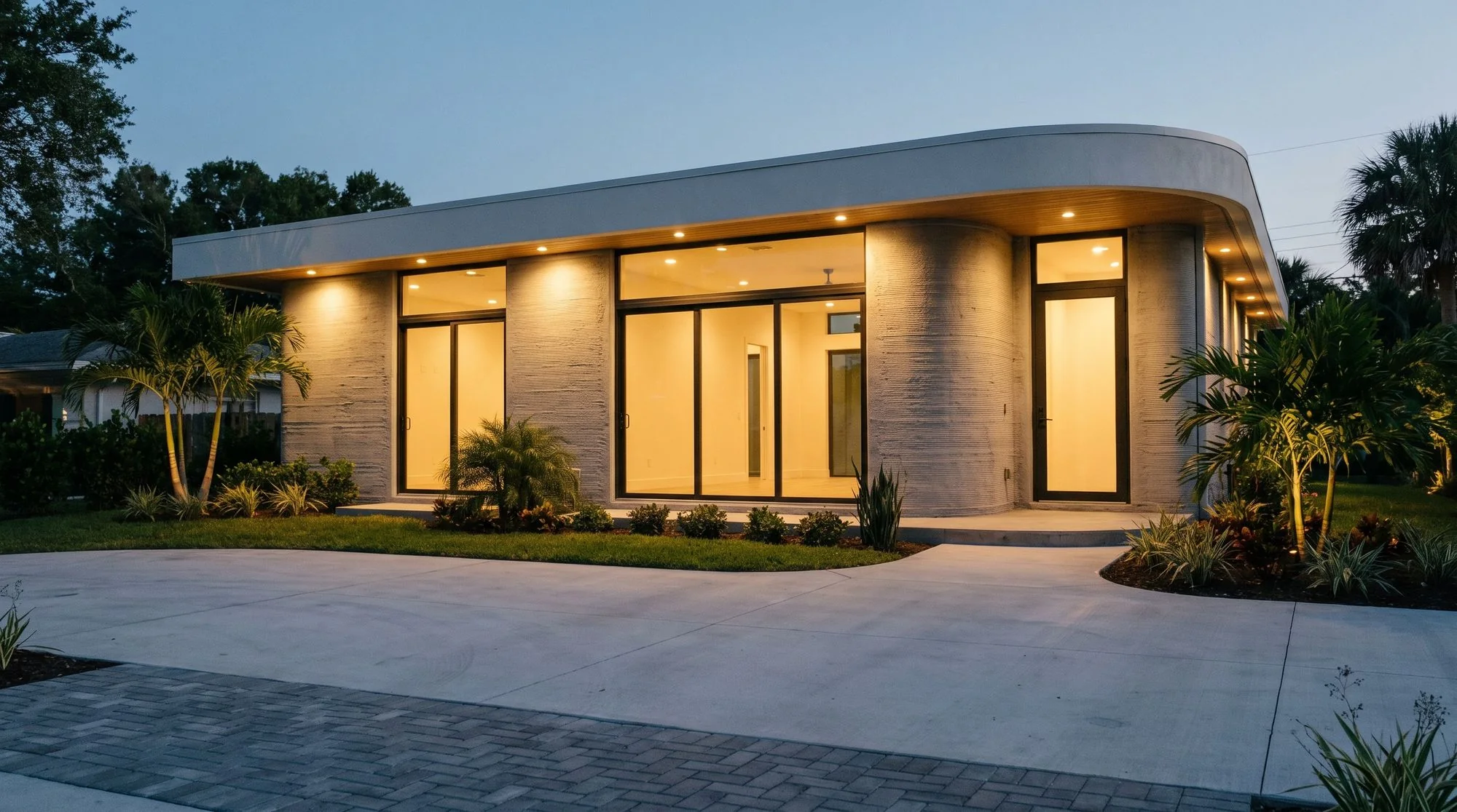 A modern printed concrete home at dusk