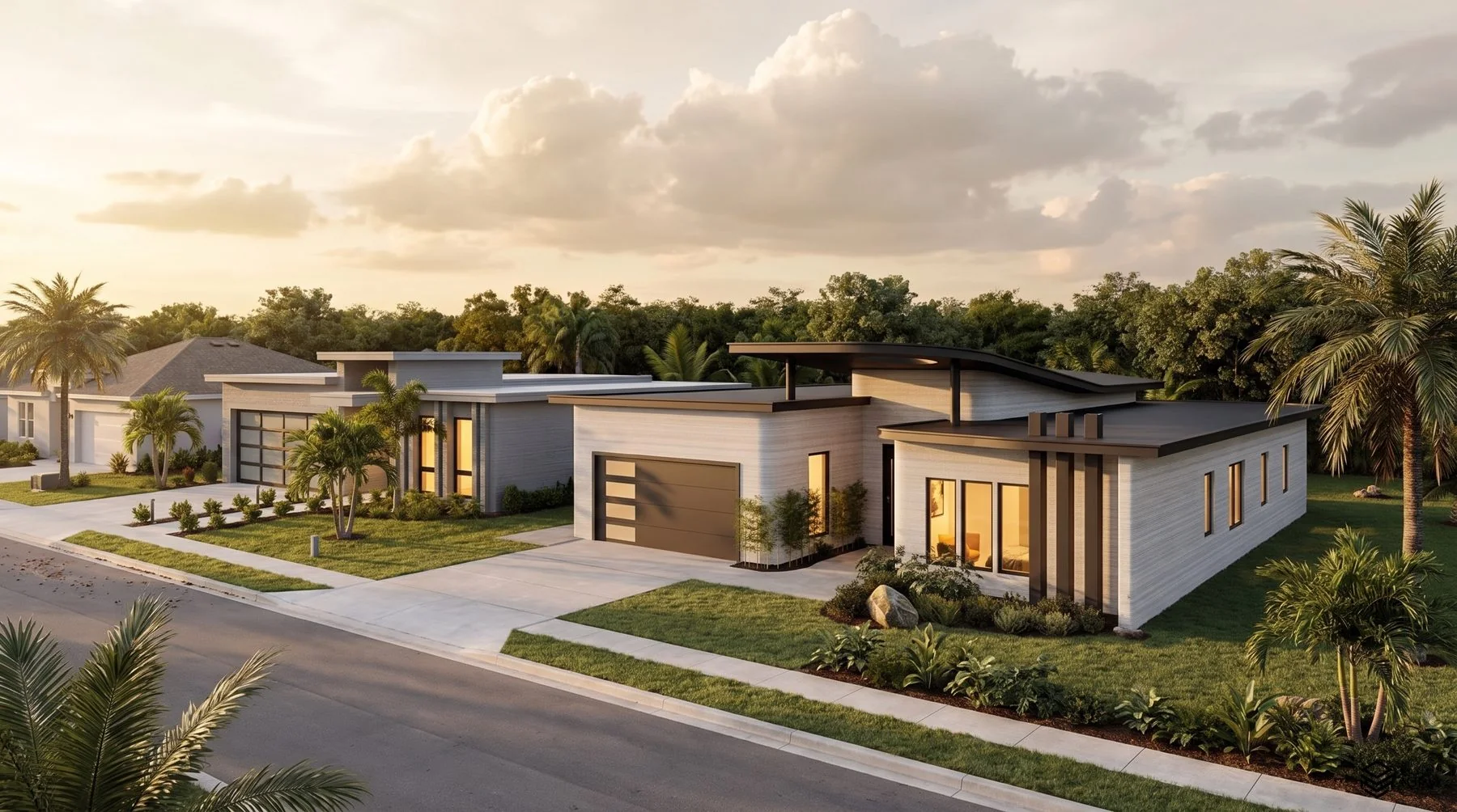 Gaia and Millenium model homes rendered on a Florida street at golden hour