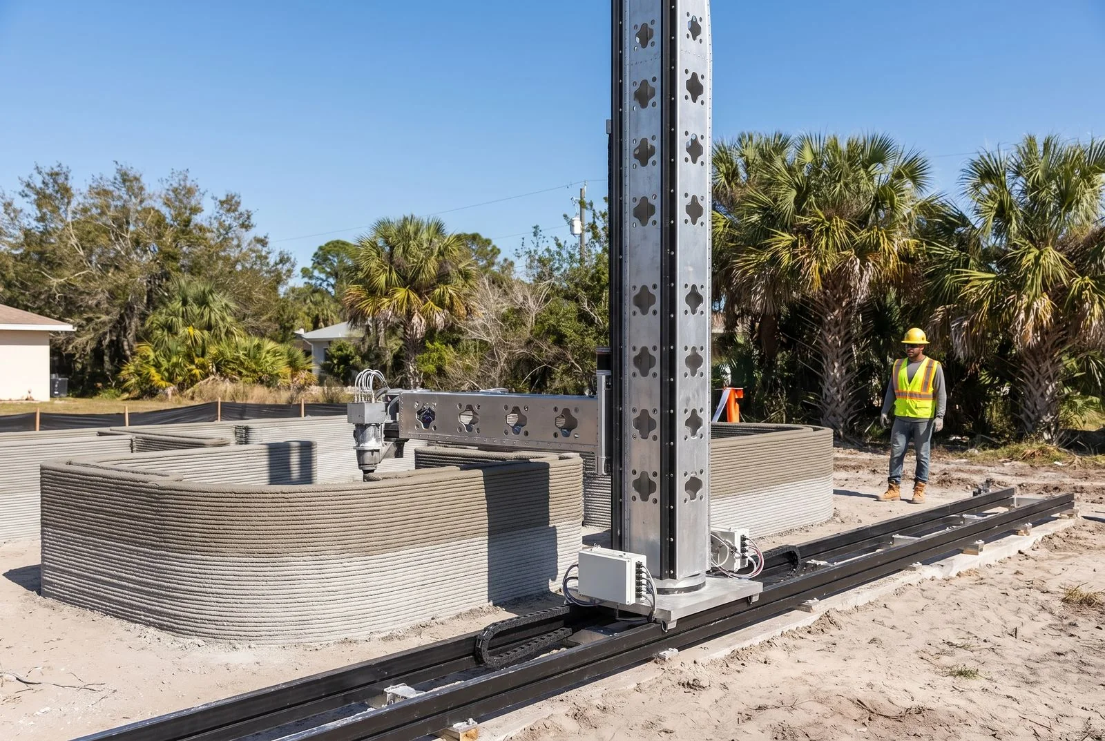PB Heavy Duty track printer printing curved concrete walls on site