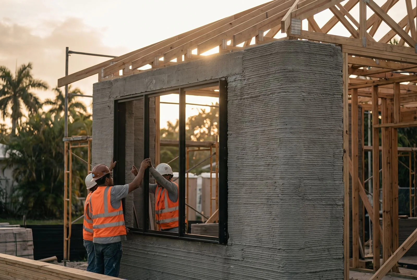 Trades finishing a printed concrete home