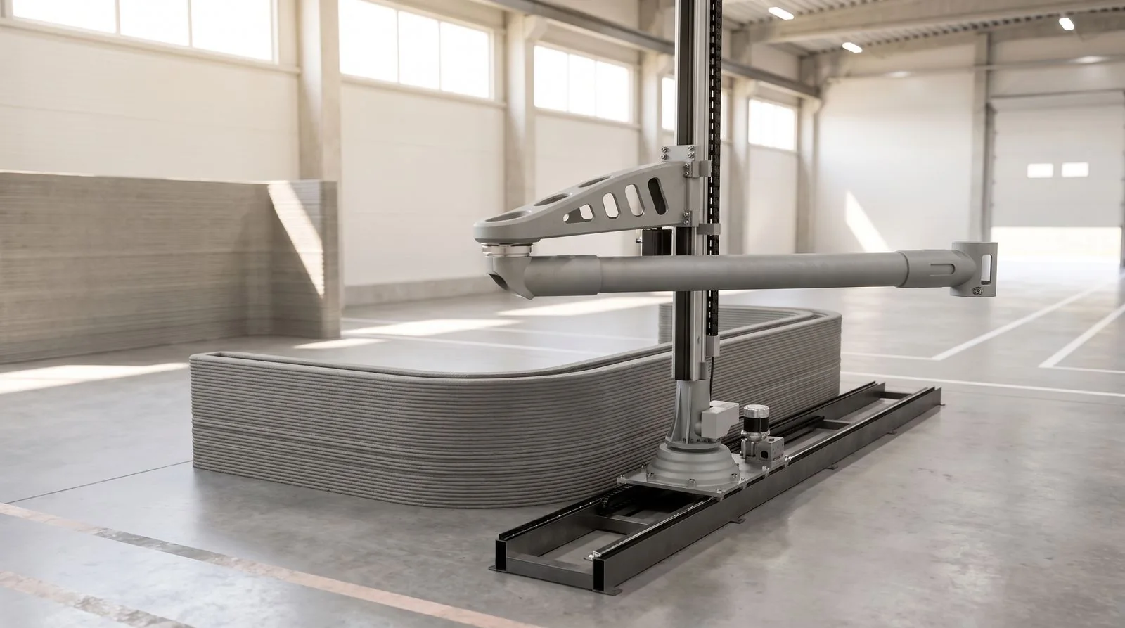 PB Elite Roadrunner SCARA printer extruding a printed wall segment in a prefab bay